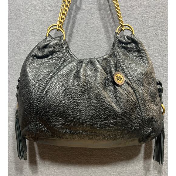The Sak Boho Pebbled Black Leather Tasseled Gold Chain Strap Shoulder Bag - Picture 1 of 12